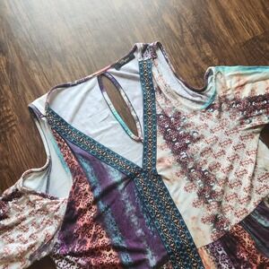 Cupio Womens Boho Cold Shoulder Tunic Top Multicolor Stripe Bell Sleeve Festival